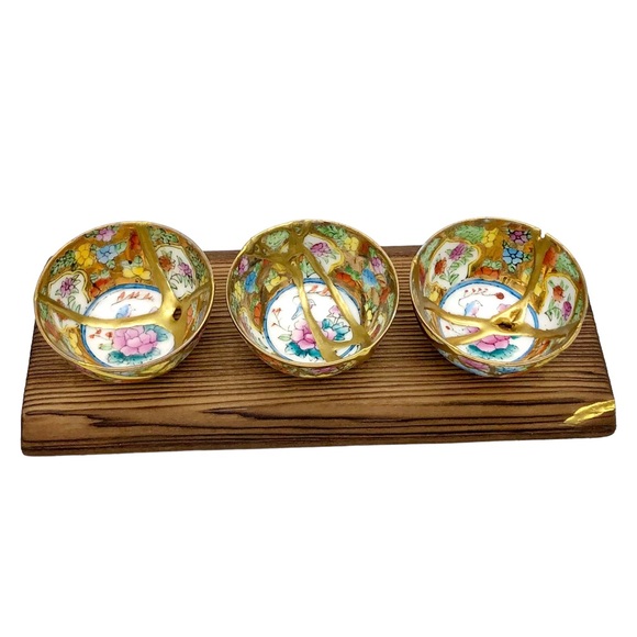 Kintsugi Cups Chinese Eggshell Mini Floral Gold Crack Art Personal Growth Gift - Picture 2 of 14